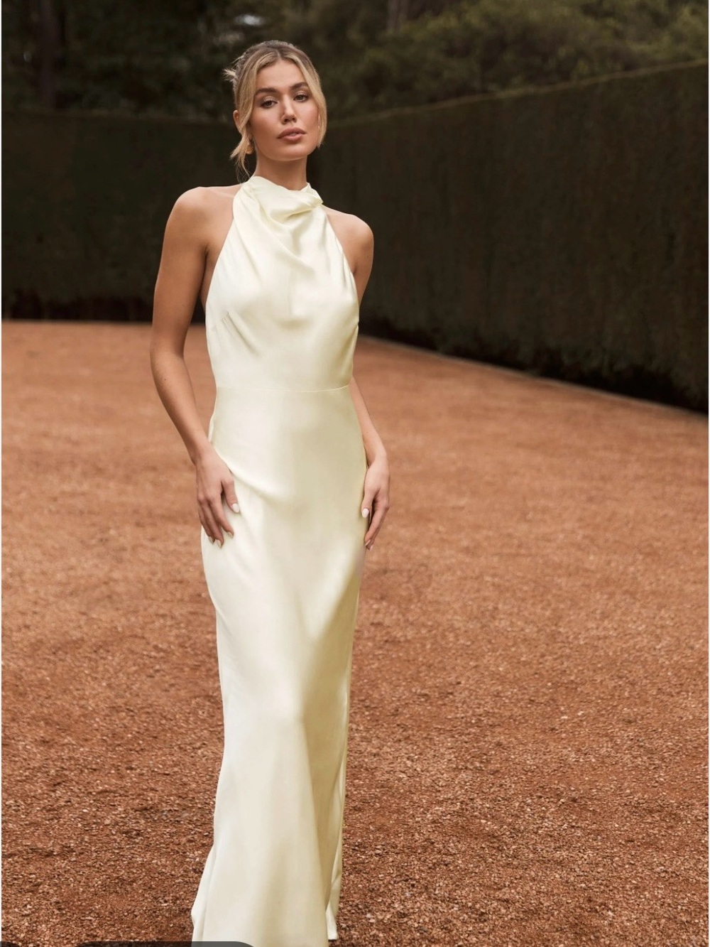 Meskhi Esther Iridescent Satin Cowl Maxi Dress- lemon